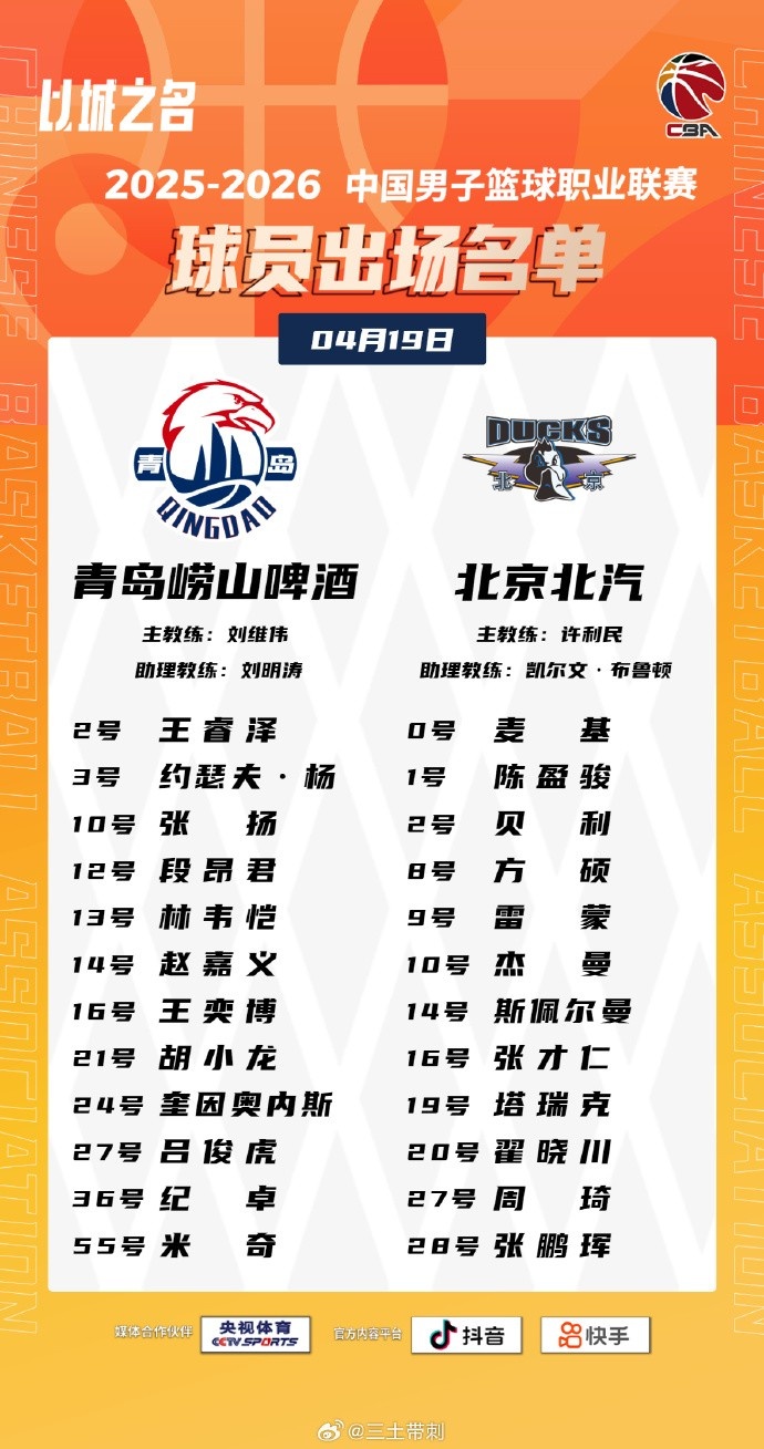 华体会体育入口-青岛VS北京大名单：基诺内斯将迎首秀 麦基&amp;周琦出战 范子铭轮休